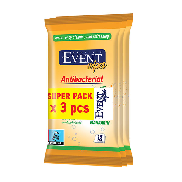 Wet towels Tangerine Event, antibacterial, 3 x 15 count