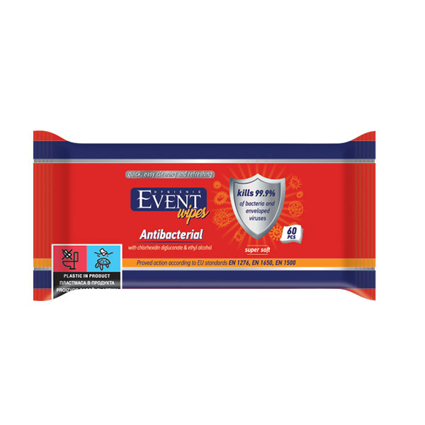 Wet towels Event, antibacterial, with alcohol, 60 counts