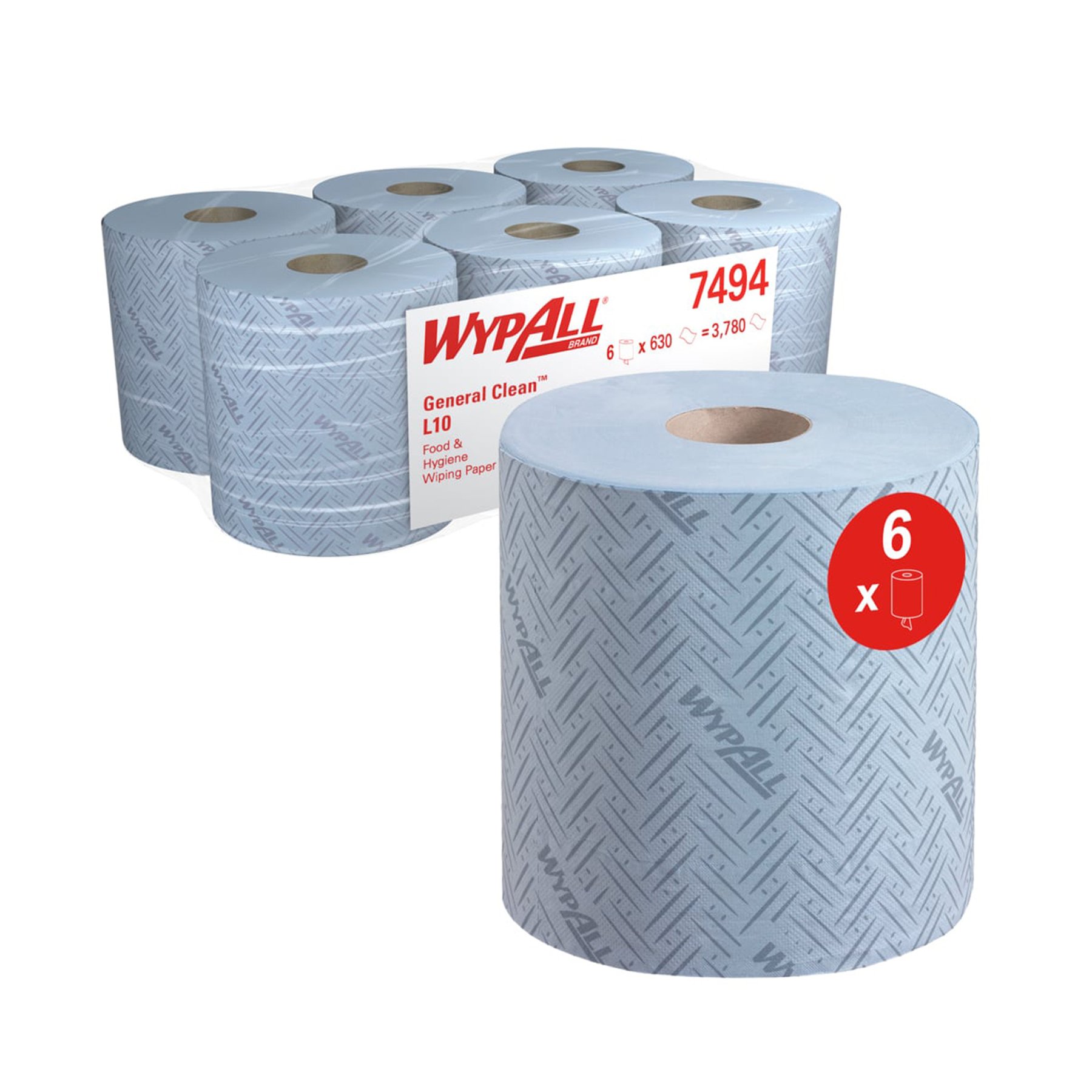 Towels for cleaning Kimberly-Clark WypAll L10 7494 Centrefeed, on roll, 38 x 18.3 cm, 630 short, blue, 6 count