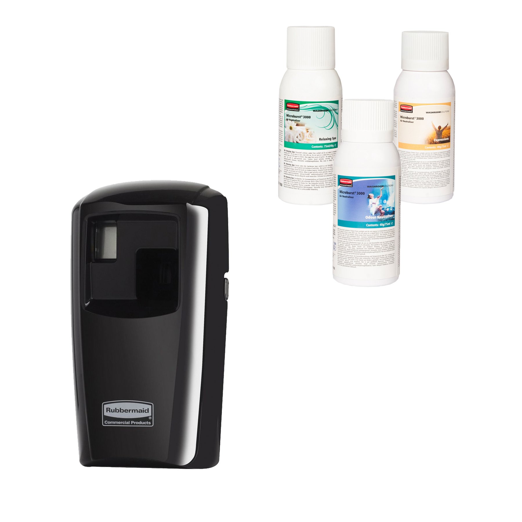 Rubbermaid Microburst 3000 dispenser, with LCD display, black, bundled with 3 Microburst 3000 refills