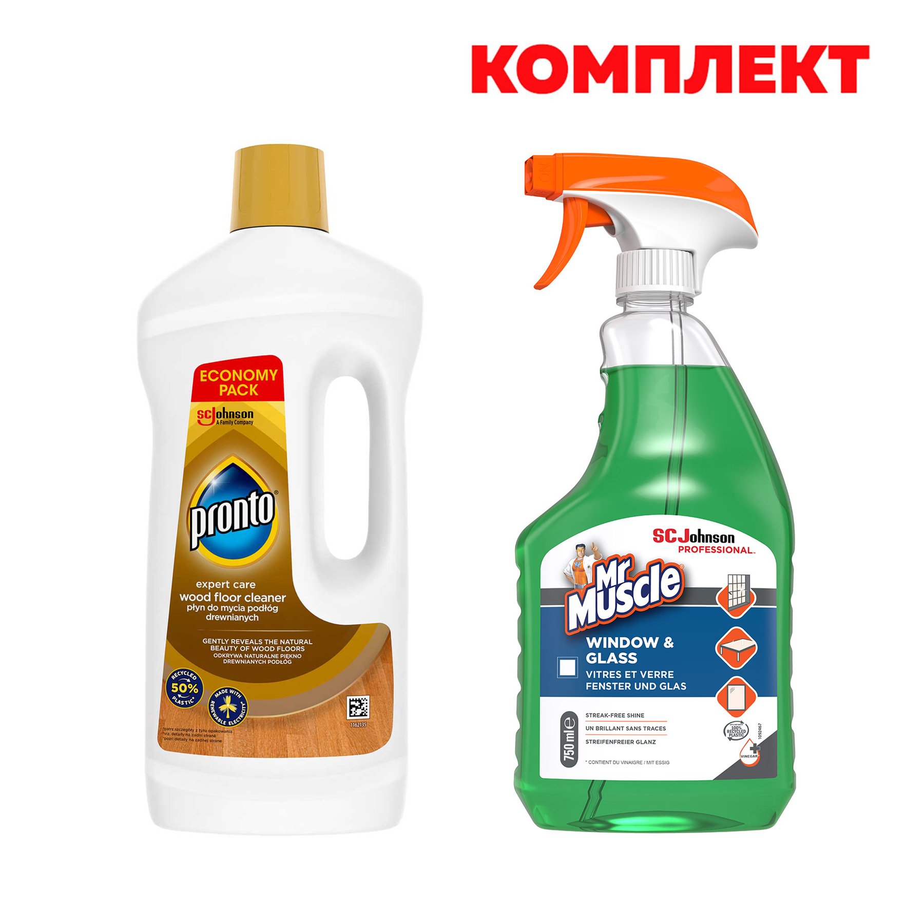 Detergent for cleaning of floors Pronto and wooden floorings Wood, 1 L, in set with Mr.Muscle detergent for glasses and windows, 750 ml, 1.75 l