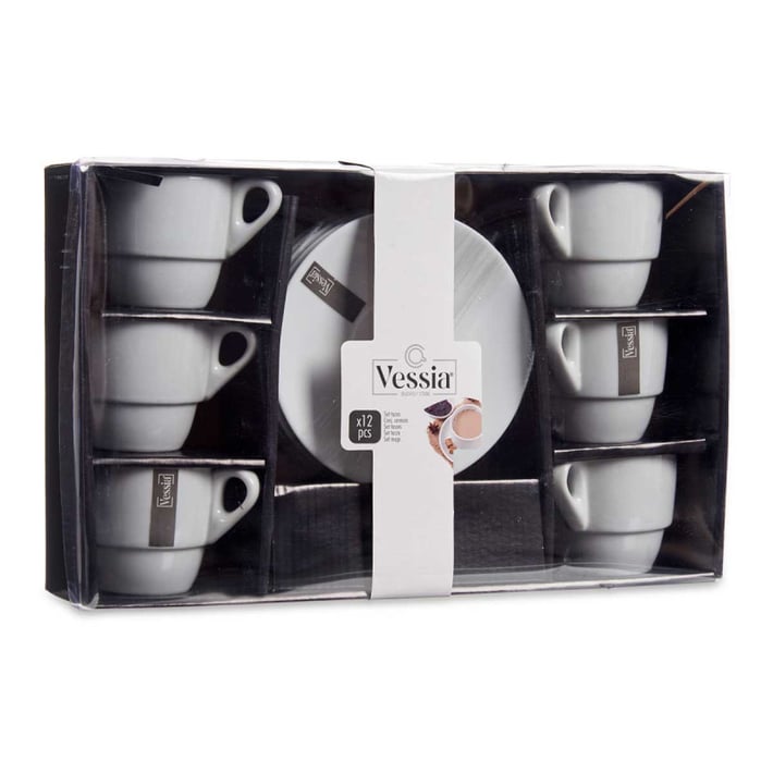 Чаша за кафе Vessia, с чиния, порцеланова, 200 ml, бяла, 6 броя