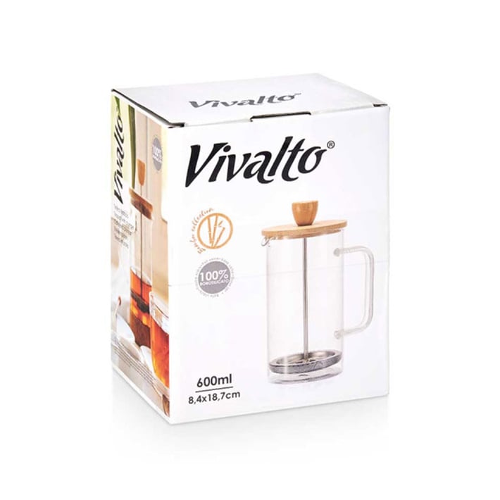 Кана с преса Vivalto, боросиликатно стъкло, с бамбуков капак, 600 ml