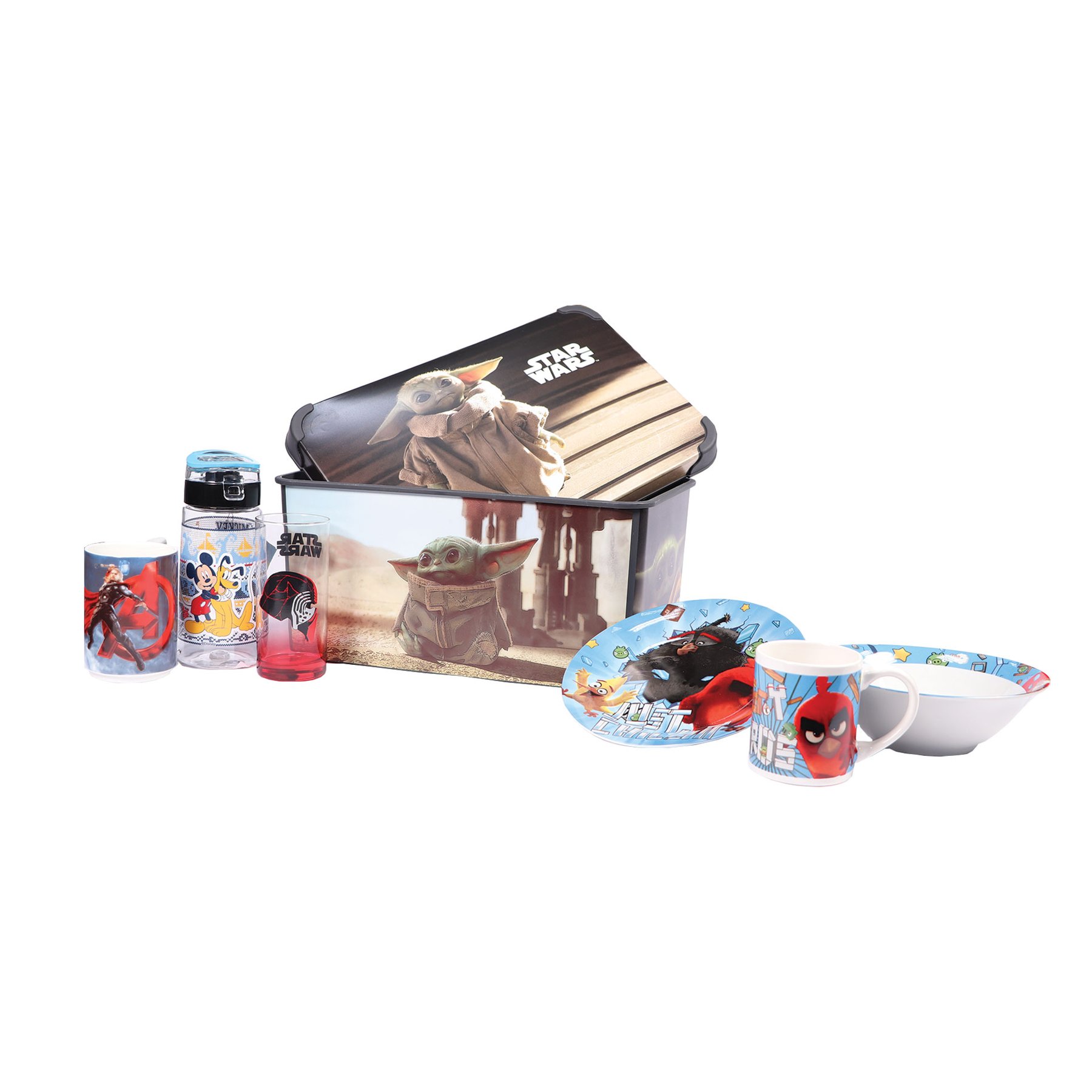 Disney Set The Mandalorian, storage box 10 L, cup, plate and breakfast bowl, Mickey bottle 500 ml, glass and porcelain cup