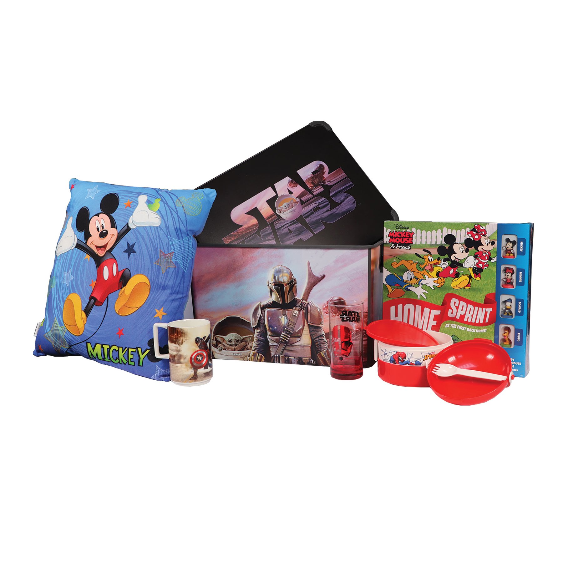 Disney Set The Mandalorian, storage box 20 L, Mickey cushion, Mickey lunch box, board game, glass and porcelain cup
