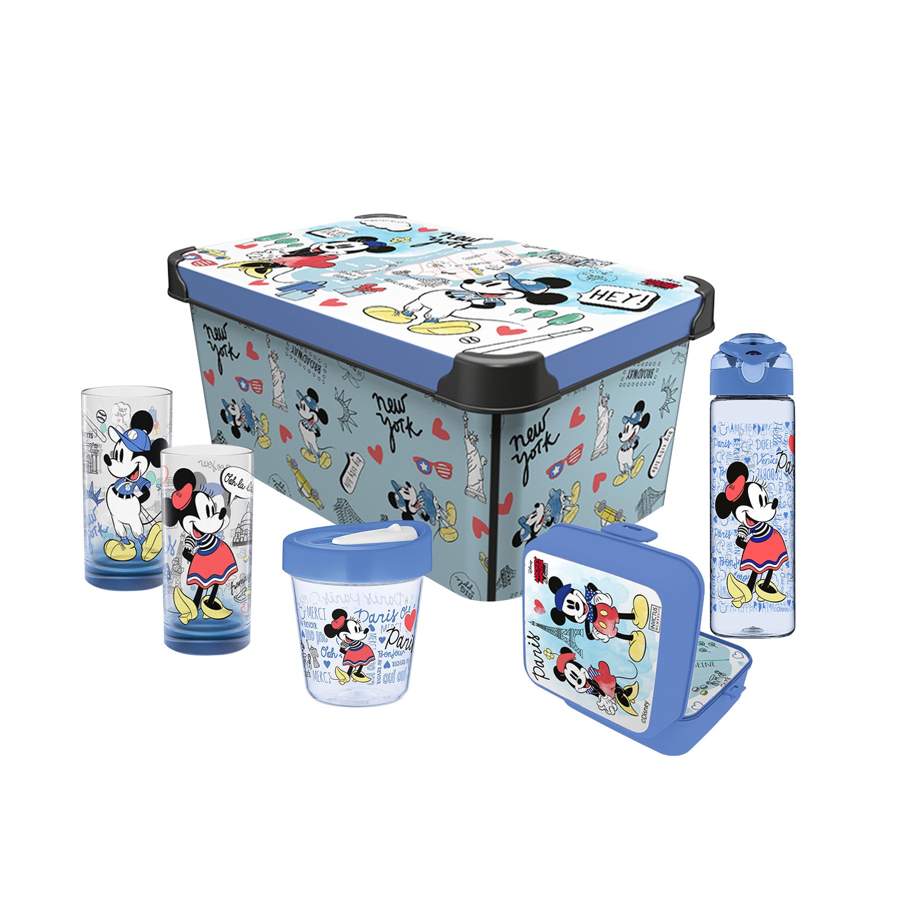 Disney Travel Set, storage box 10 L, box 1 L, travel cup 350 ml, travel bottle 630 ml, 2 glass cups 300 ml, blue