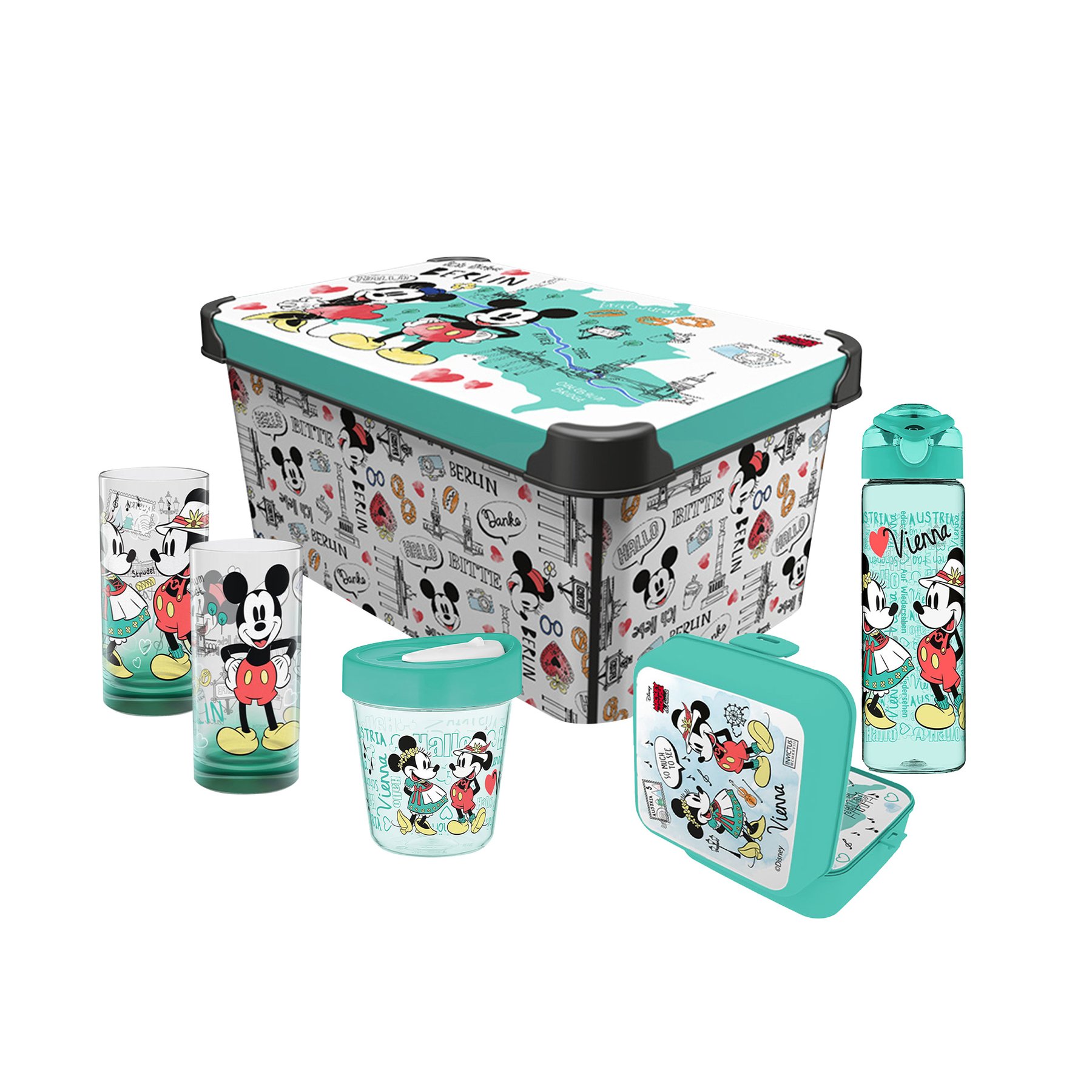Disney Travel Set, storage box 10 L, box 1 L, travel mug 350 ml, travel bottle 630 ml, 2 glass cups 300 ml, green