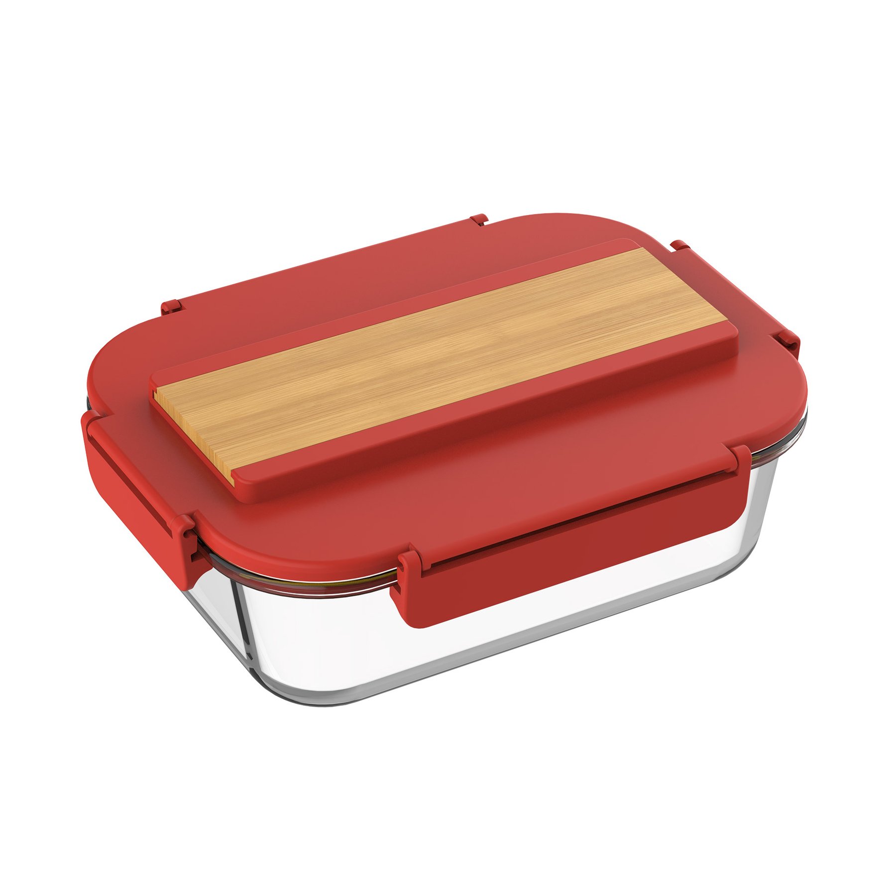 Glass lunch box with cutlery in lid, 1040 ml, red