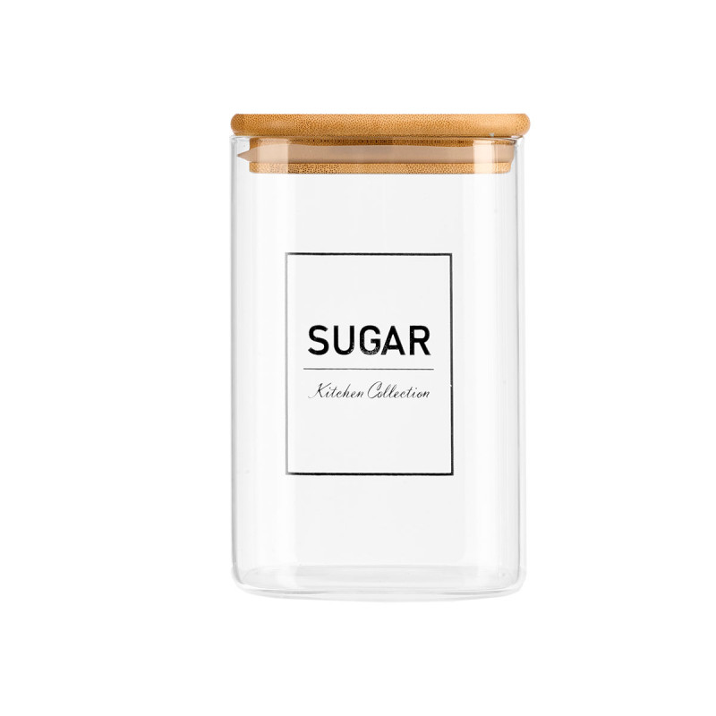 Jar Vivalto, borosilicate glass, with bamboo lid, “sugar” label, 1.2 L