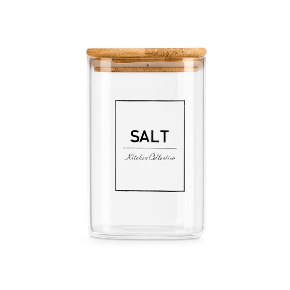 Буркан Vivalto, боросиликатно стъкло, с бамбуков капак, надпис сол, 1.2 L