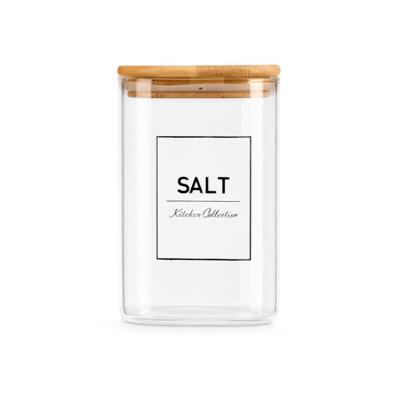 Jar Vivalto, borosilicate glass, with bamboo lid, “salt” label, 1.2 L