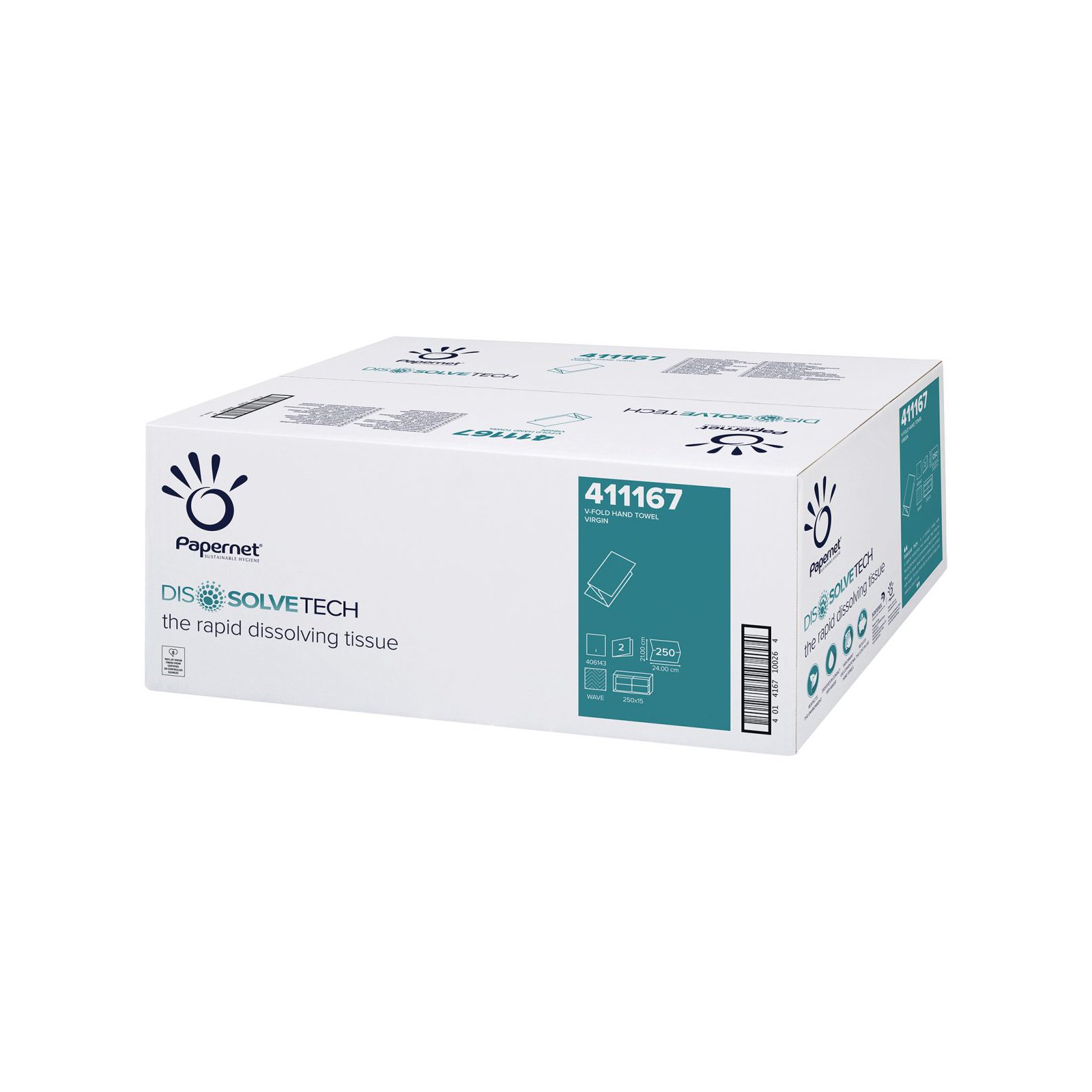 Towels for hands Papernet Dissolve, V-fold, double-ply, 21 x 24 cm, 250 short, 15 count