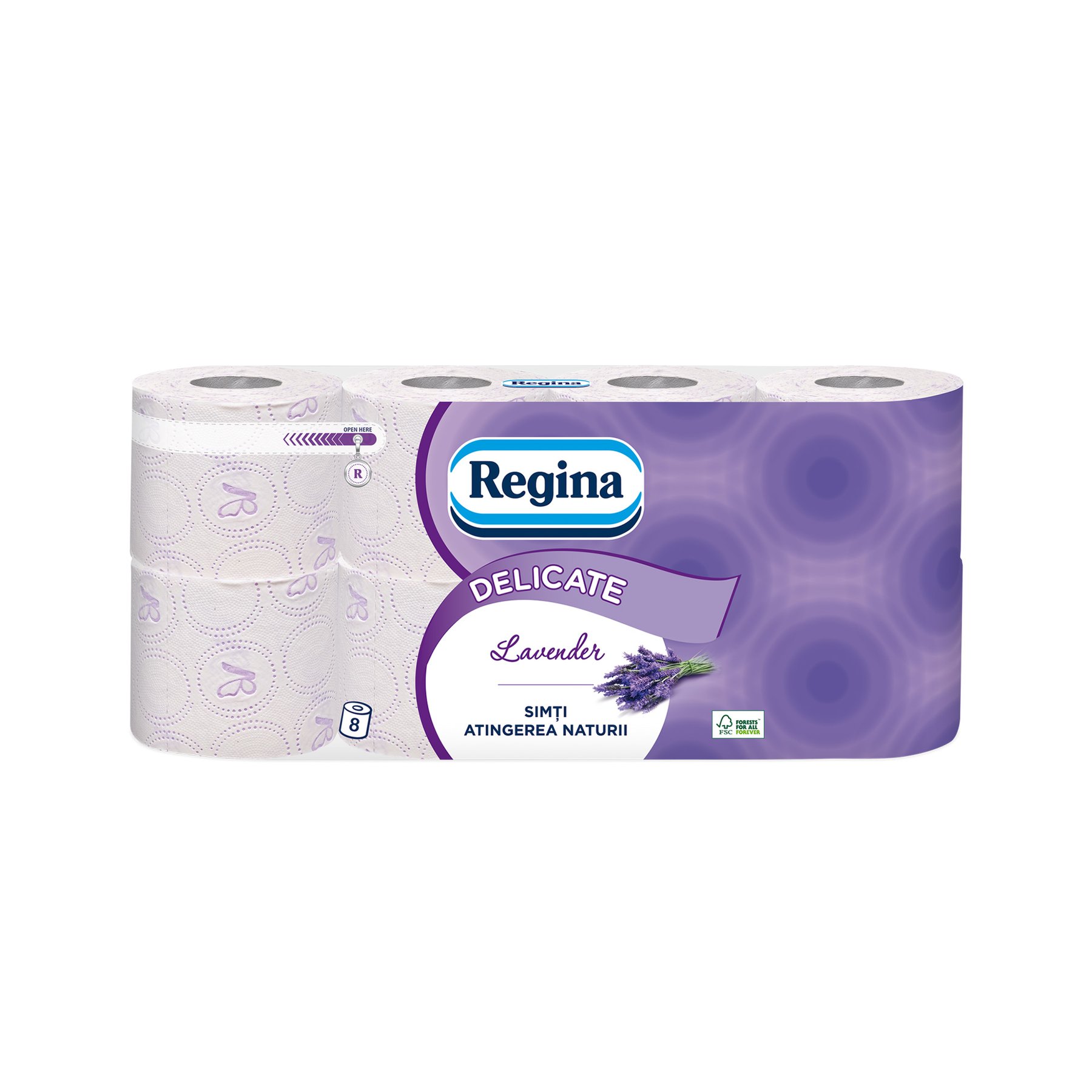 Toilet paper Lavender Regina, cellulose, three-ply, 135 sheets, 8 pieces