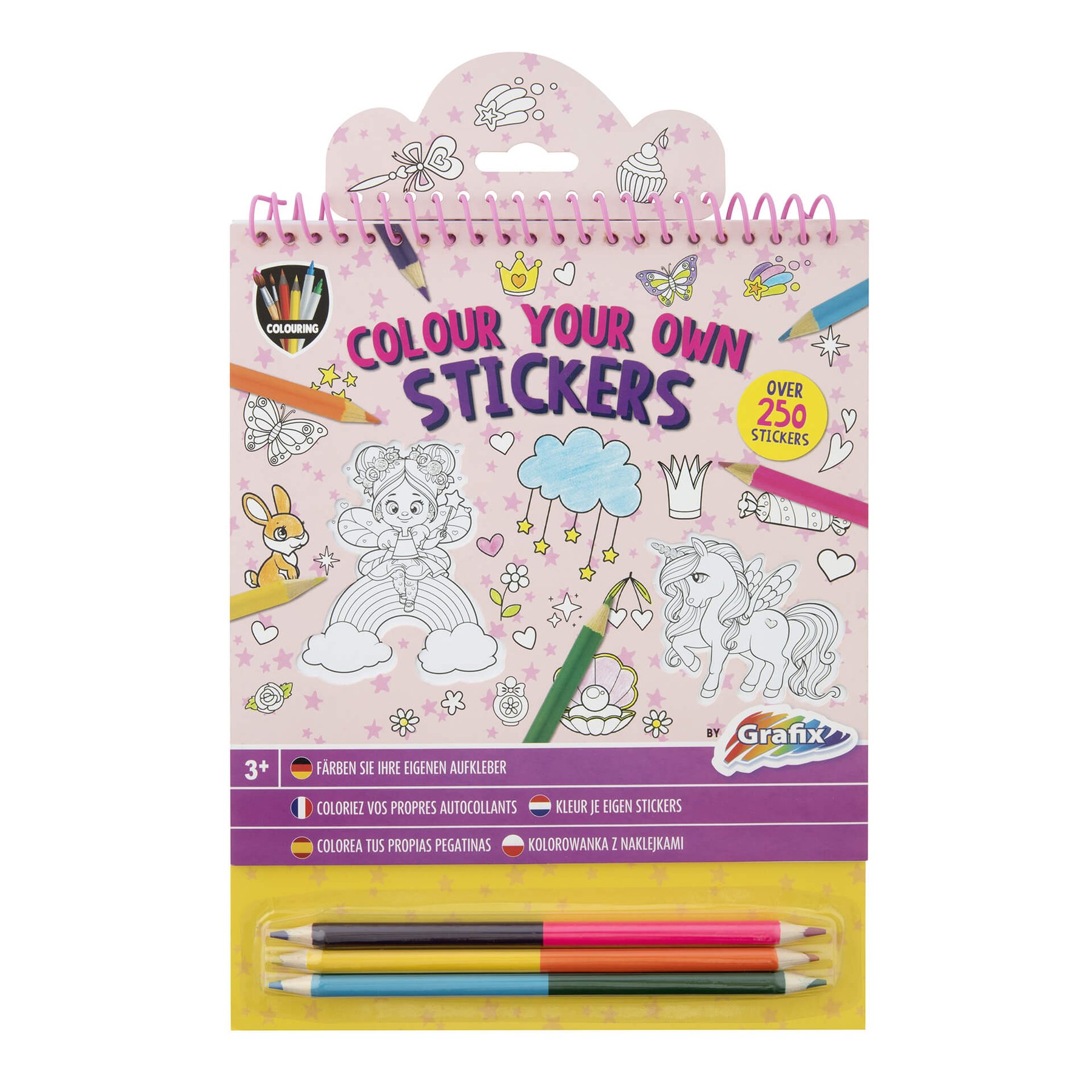 Moxy Sticker colouring book, with 3 double pencils included, pink