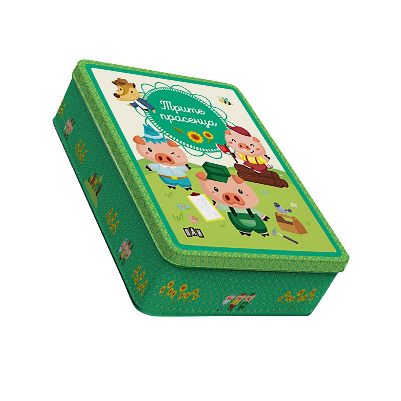 Childrenās book The Three Little Pigs, in a metal tin