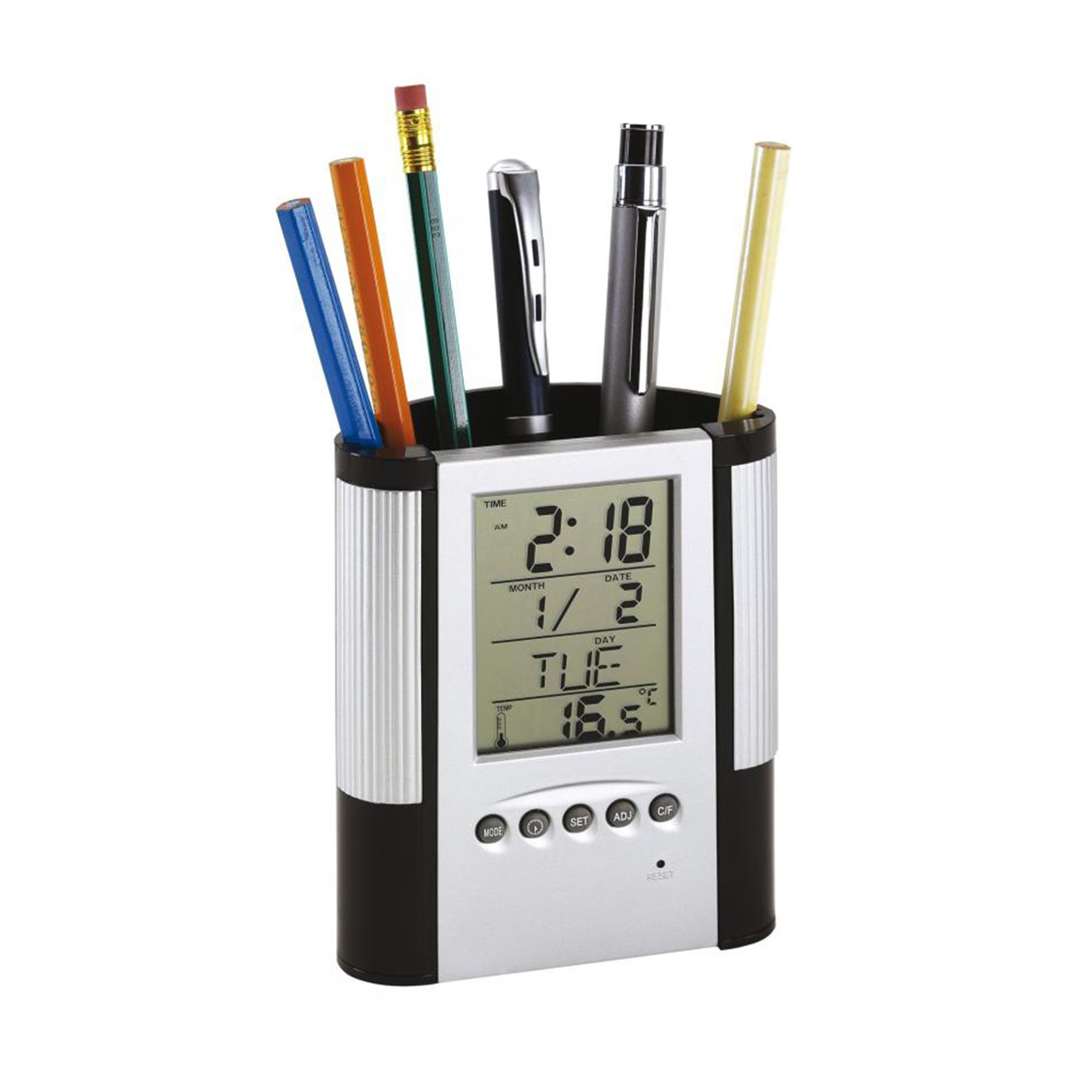 TOPS Pencil Holder Butler, with alarm clock and thermometer