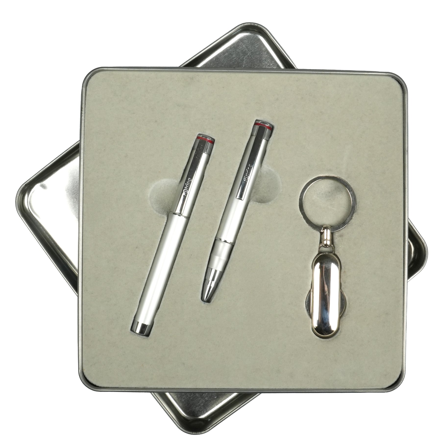 C'art Rotring set, pen, fountain pen and keychain, in a metal box, silver