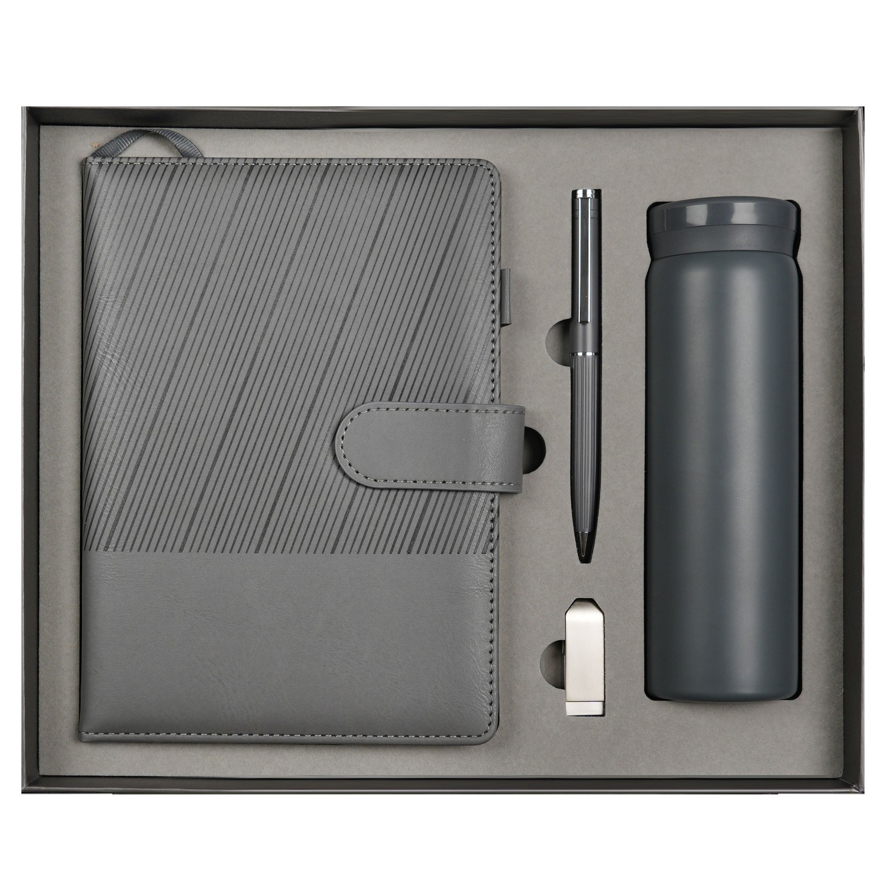 Welcome set, notebook, bottle, pen and USB flash drive, in box