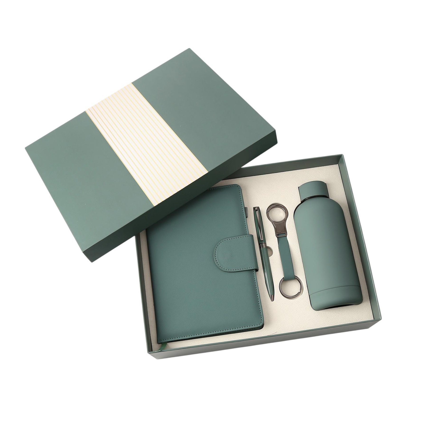 Welcome set, notebook, bottle, pen and keychain, in box, green
