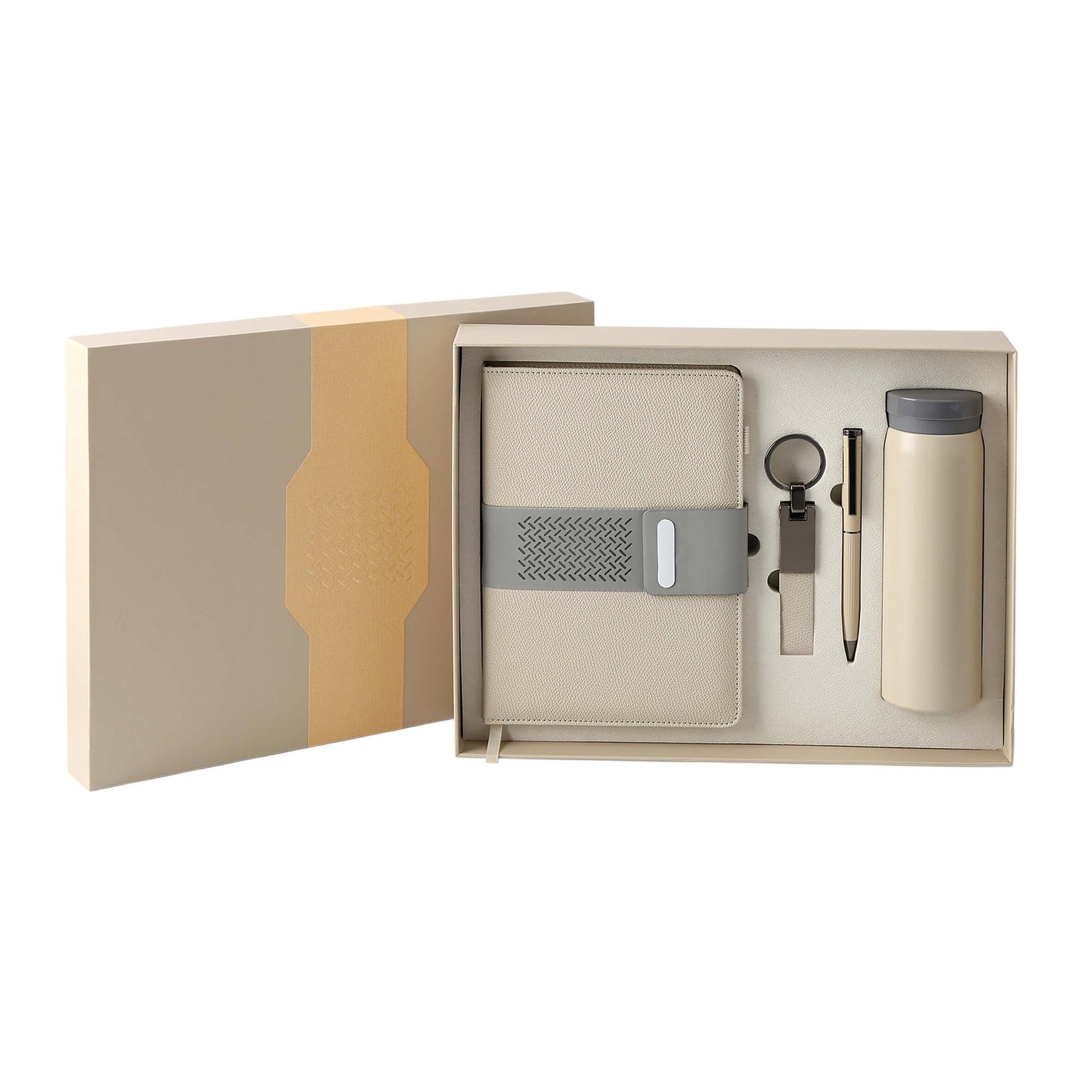 Welcome Set, notebook, bottle, pen & keyring, boxed, cream