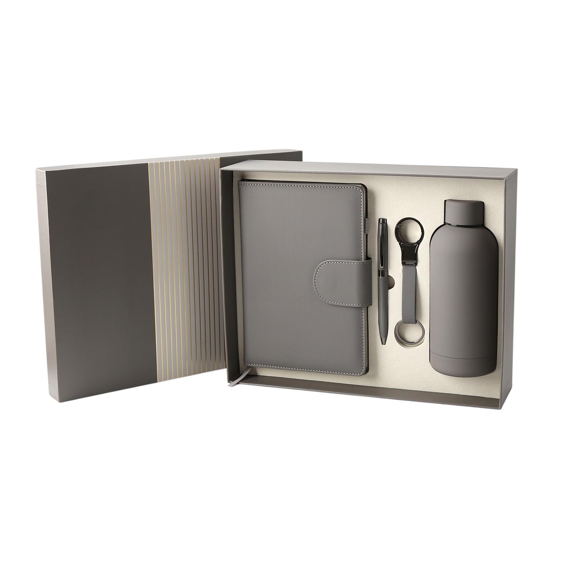 Welcome set, notebook, bottle, pen and keychain, in box, dark beige