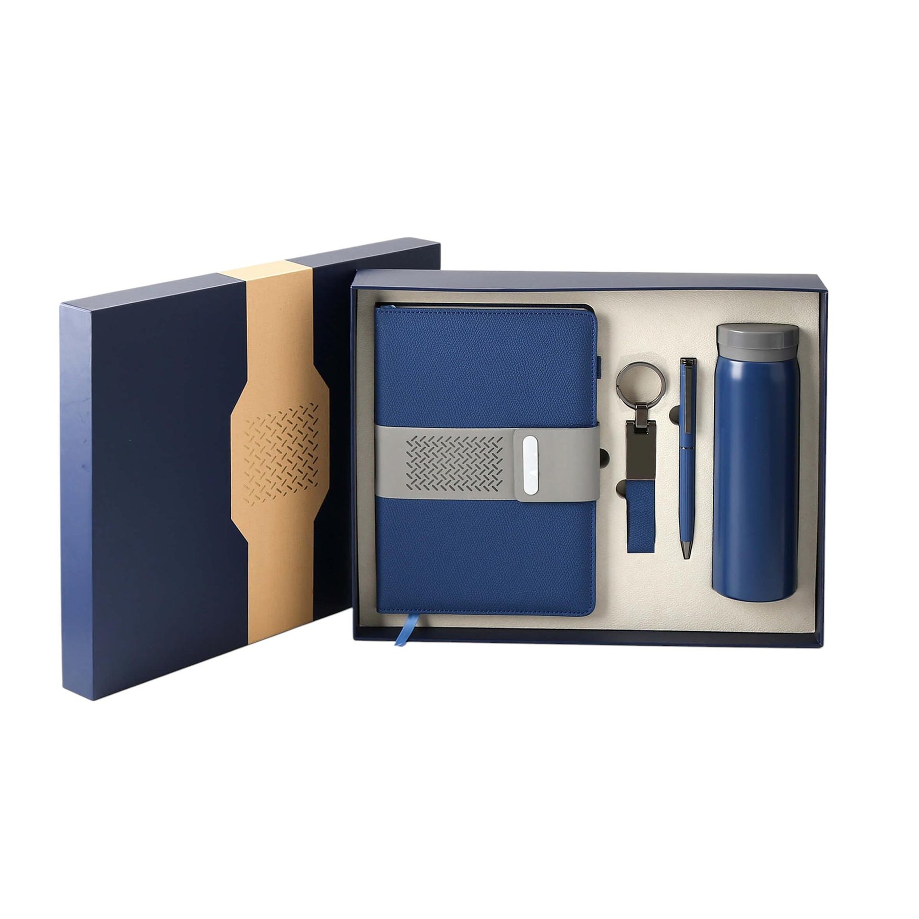 Welcome set, notebook, bottle, pen and keyring, in box, dark blue