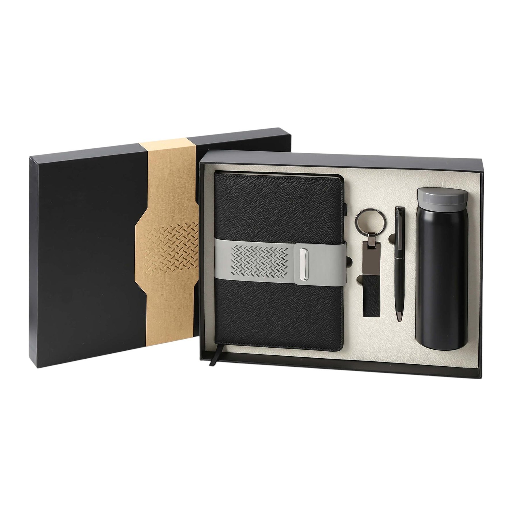 Welcome Set, notebook, bottle, pen and keychain, in box, black