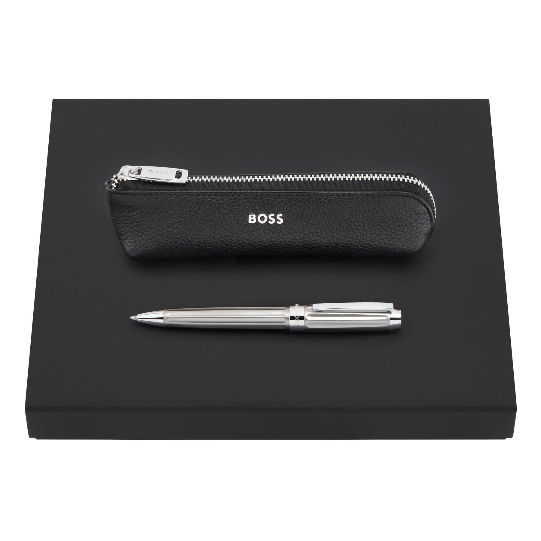 Hugo Boss Set Beam Chrome, black pouch and gray ballpoint