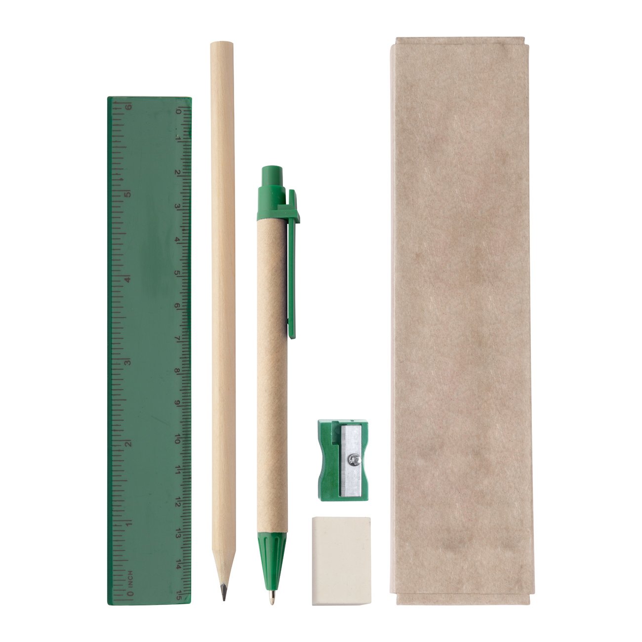 Cool Monoli set, pen, pencil, ruler, sharpener, eraser, green