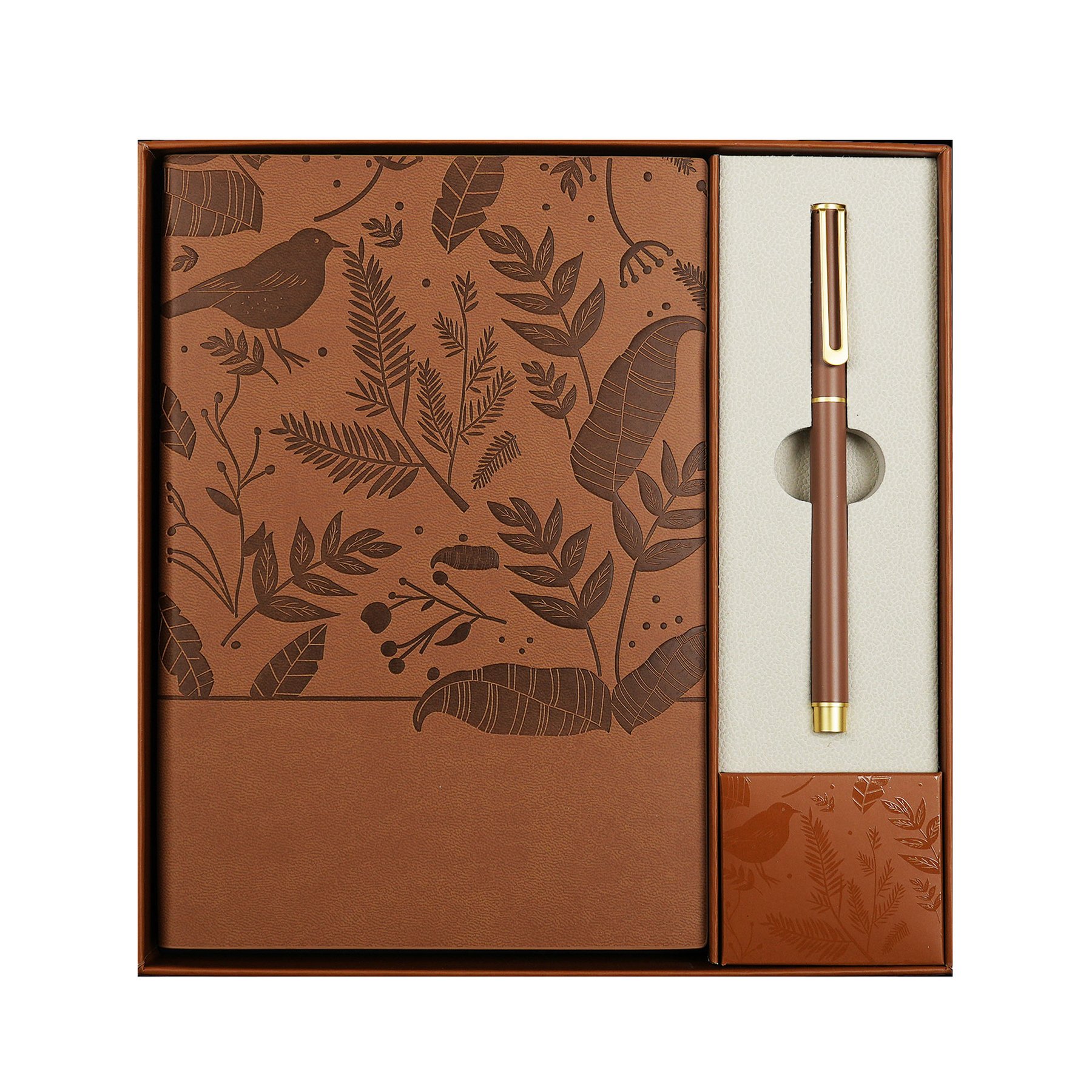 Floral Brown Set Notebook and Ballpoint Pen, in box, brown