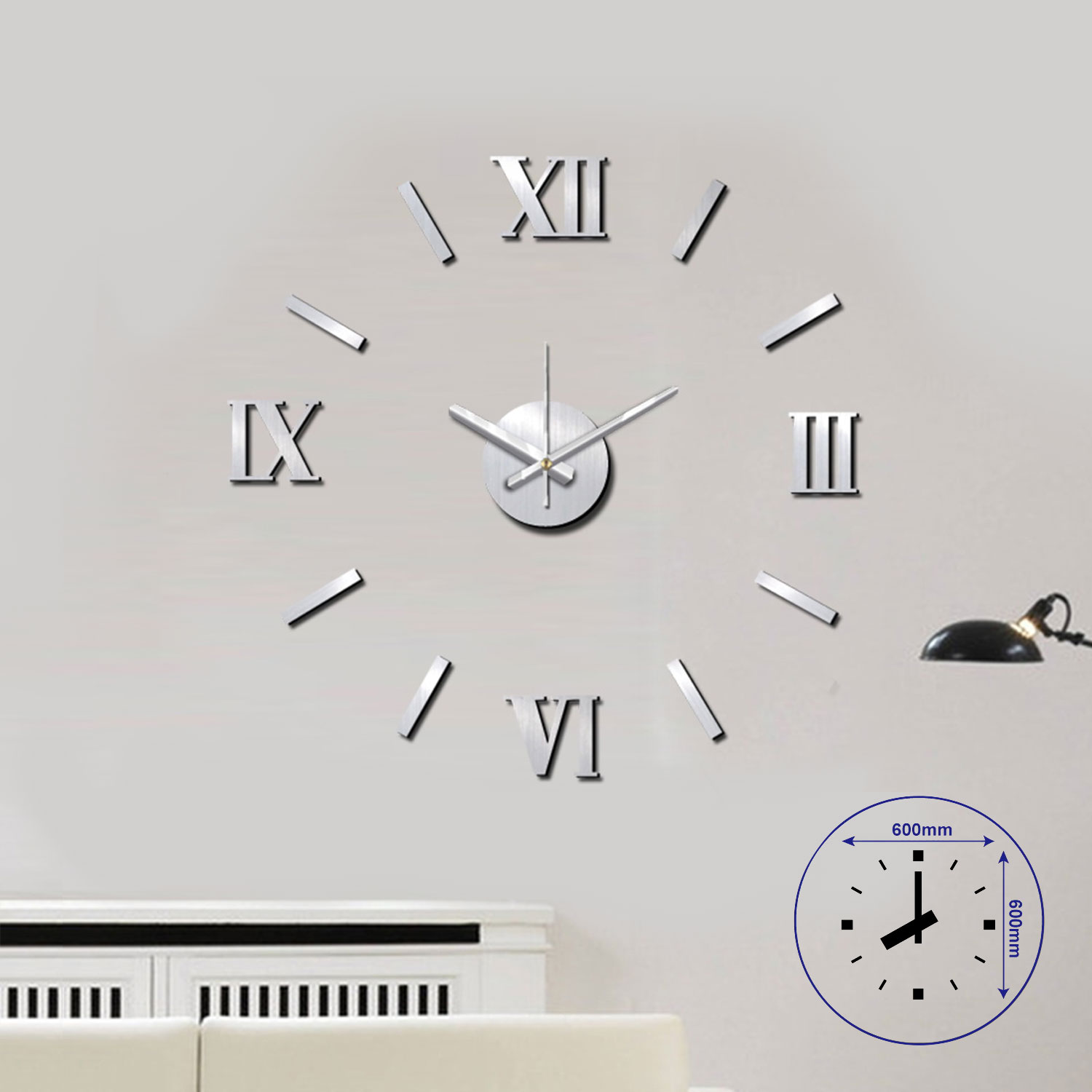 Splendid Wall clock Sticker Romer, diameter 60 cm, silver