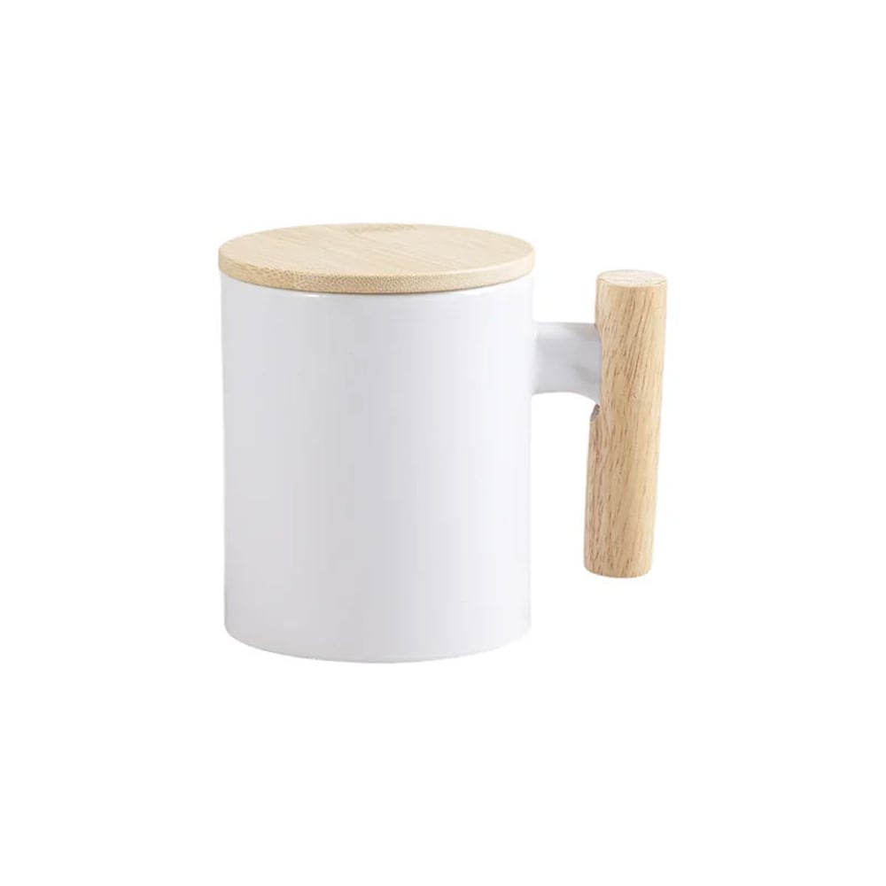 BESTSUB Чаша, с дървена дръжка и бамбуков капак, 335 ml, бяла