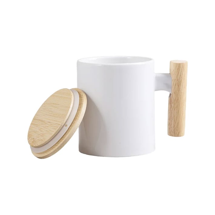 BESTSUB Чаша, с дървена дръжка и бамбуков капак, 335 ml, бяла