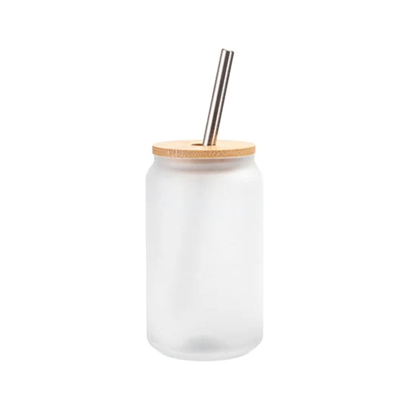 BESTSUB Frost Glass Cup with Bamboo Lid and Straw, 400 ml