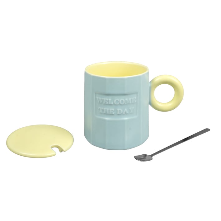 Чаша Takk Moka, Welcome, керамична, с капак и лъжица, светлосиня