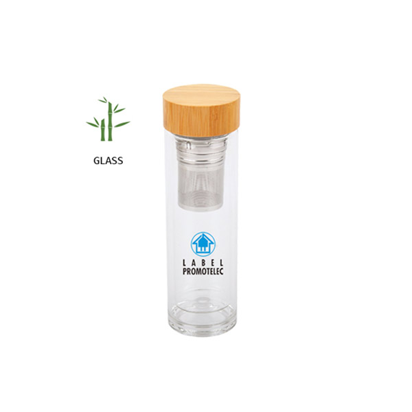Bottle Zen, double wall, glass, with strainer and bamboo cap, 450 ml