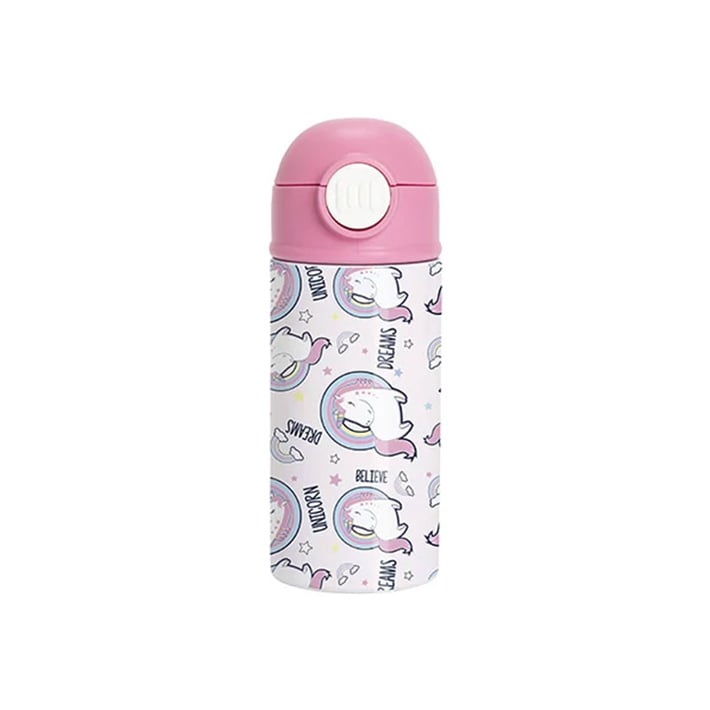 BESTSUB Бутилка, детска, с капак и сламка, 360 ml, бяло-розова