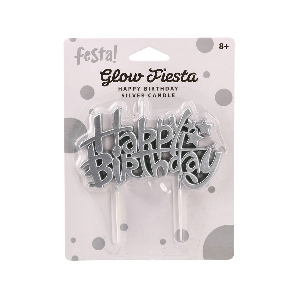 Свещ за торта Festa, Happy Birthday, сребриста