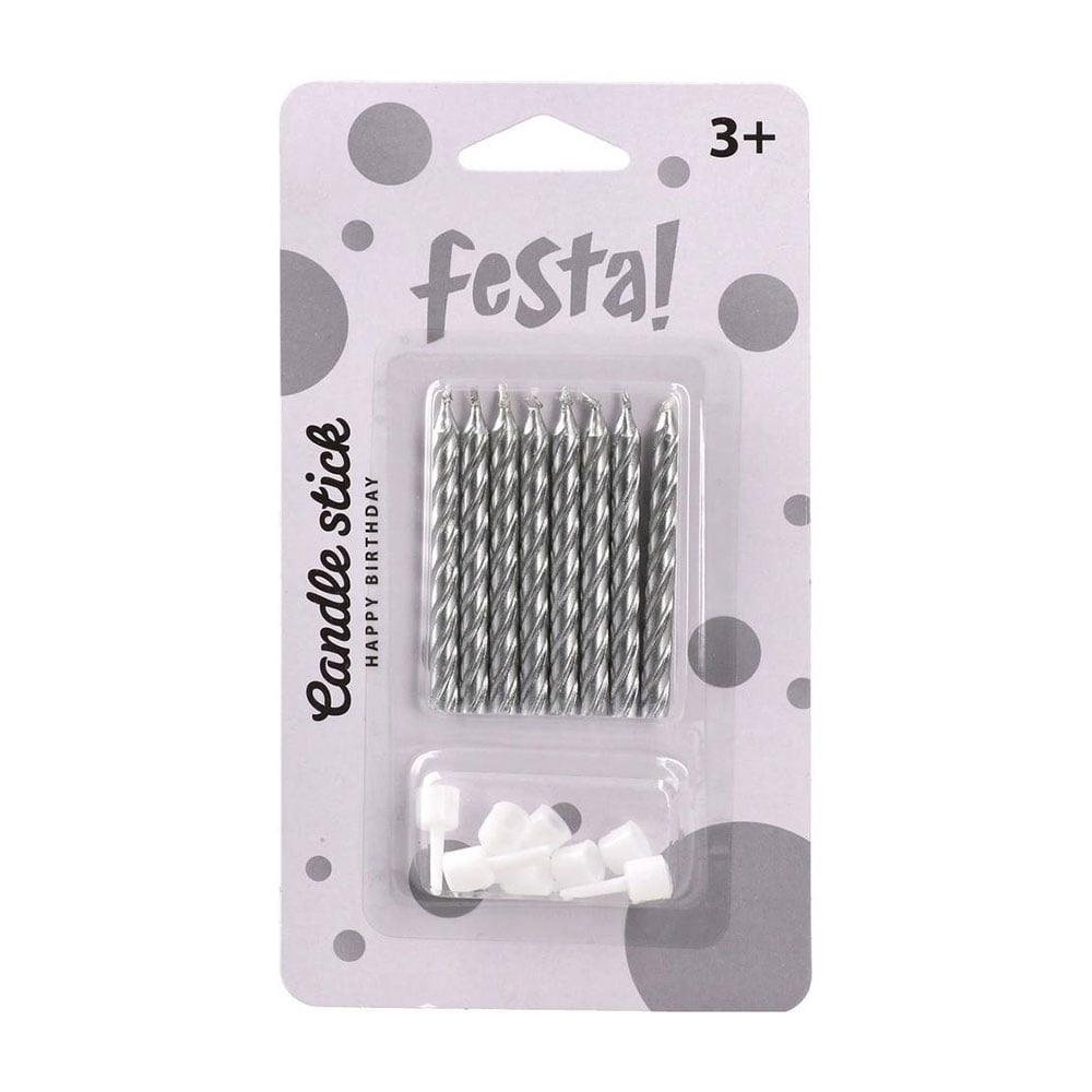 Festa Cake Candles, classic, silver, 8 pcs