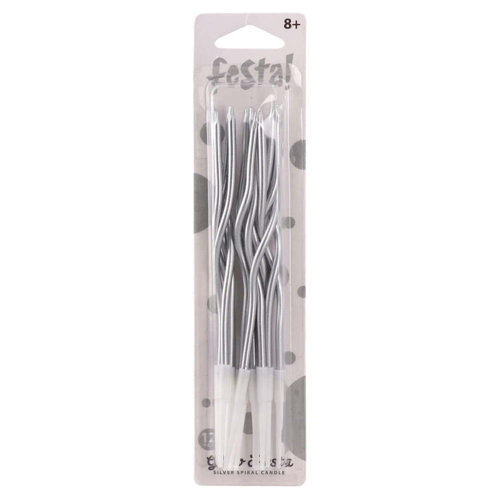 Festa Cake Candles, spiral, silver, 12 pcs
