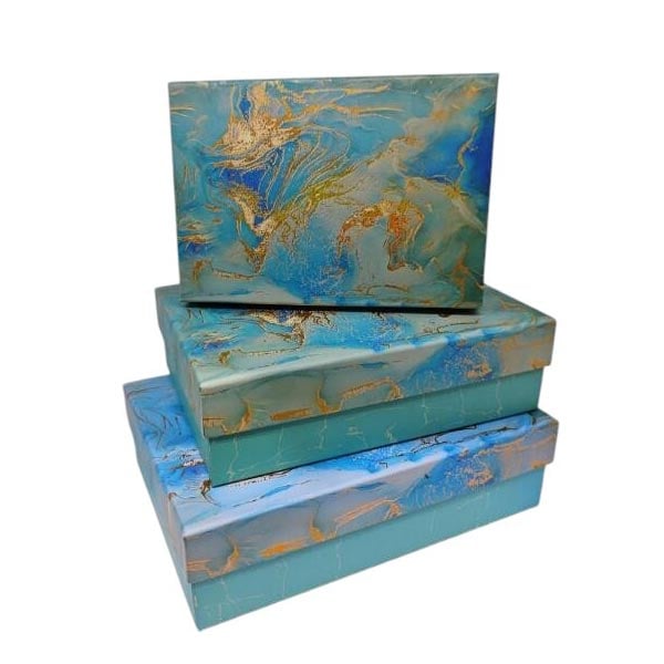 Gift box, marble effect, blue, 3 pcs