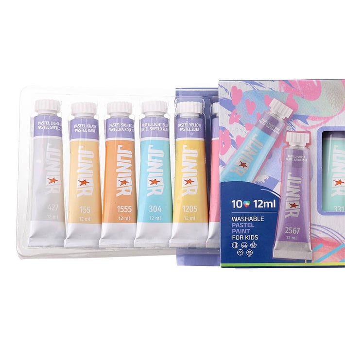 Темперни бои Junior Brillio, в тубички по 12 ml, 10 пастелни цвята
