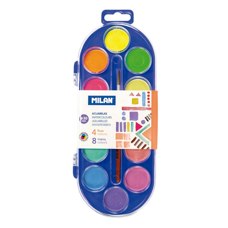 Milan Watercolours, 30 mm, 12 colours, with brush included