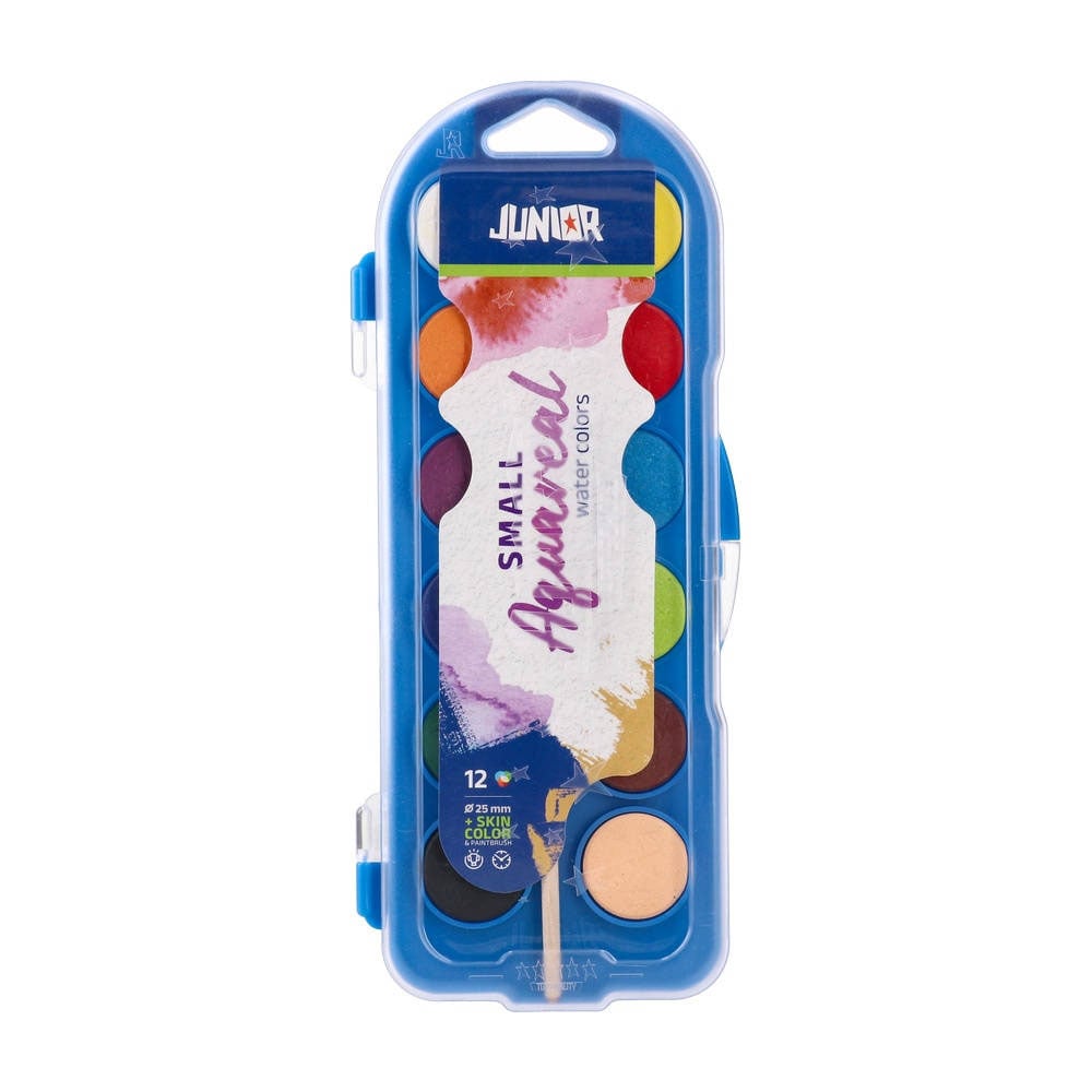 Junior Aqua Real Watercolours, with brush, small, 12 colours