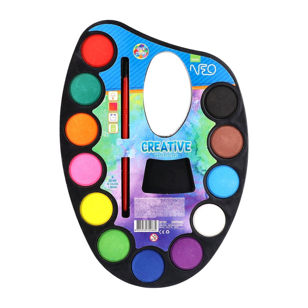Sazio Creative Watercolours, with palette and brush, 12 colours