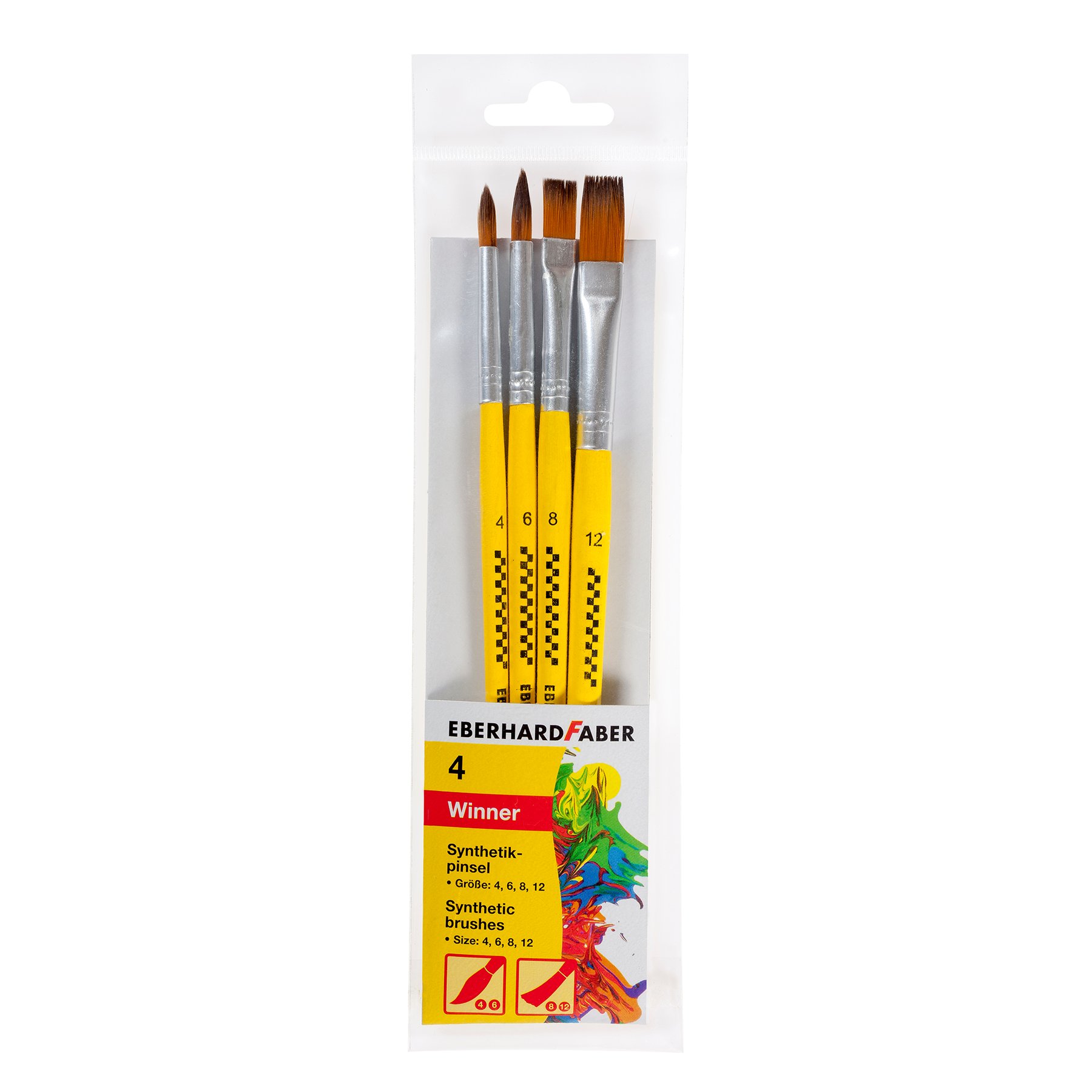 Eberhard Faber Paintbrushes, round No.4 and 6, flat No.8 and 12, synthetic hair, blister