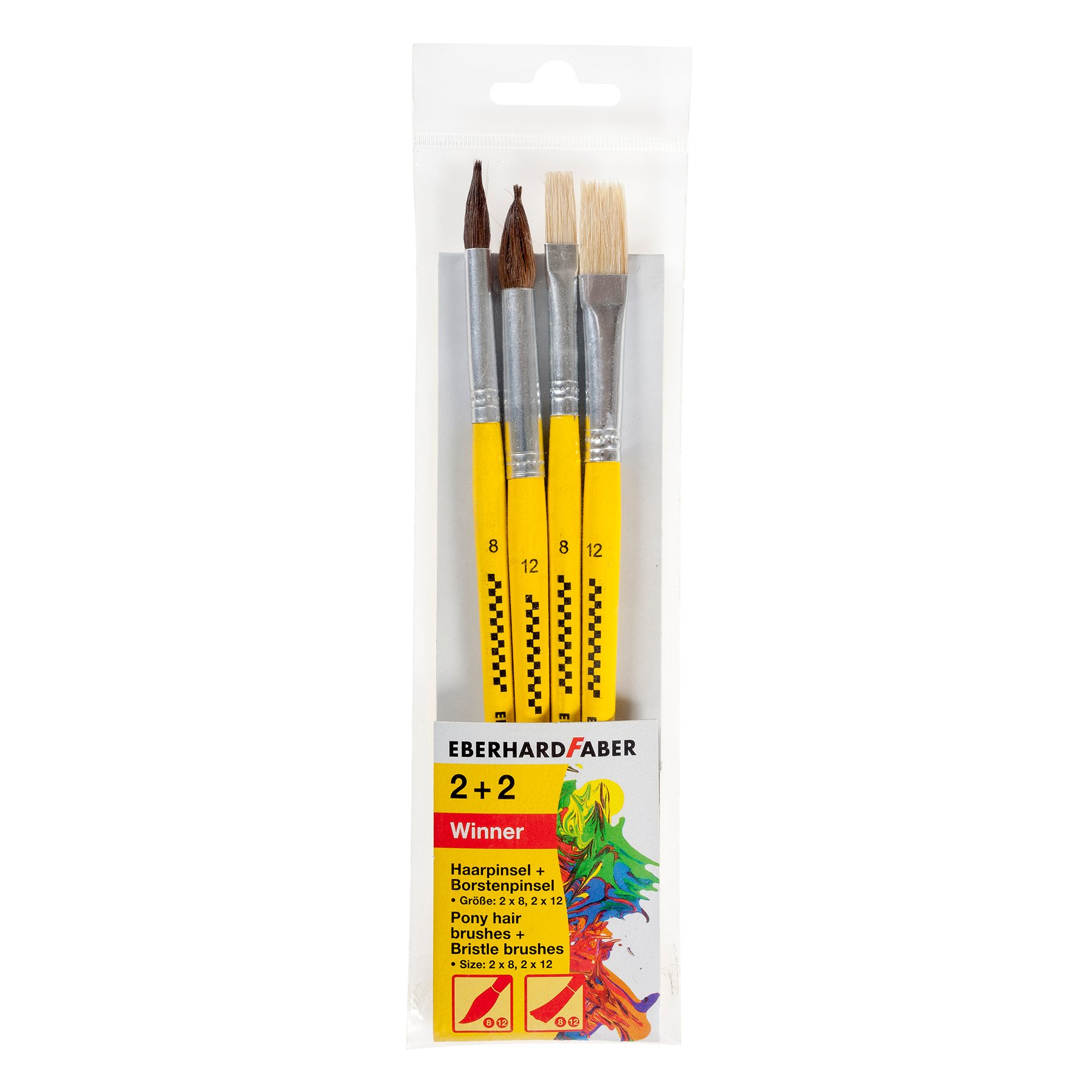 Eberhard Faber Paintbrush Set, flat No. 8 and 12 with bristle, round No. 8 and 12 with natural hair, blister pack