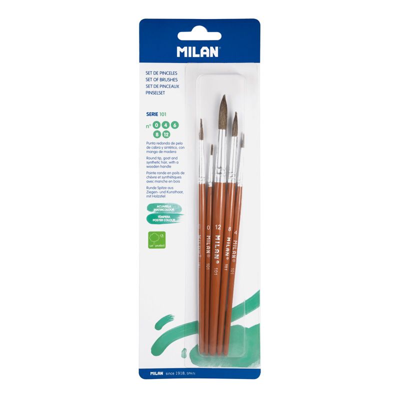 Milan Paint brush 101, blister of 5, sizes 0, 4, 6, 8 and 12