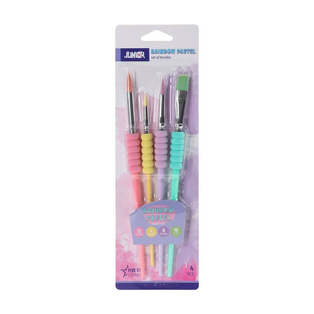 Junior Rainbow Paint Brush Set, flat and round, pastel colours, 4 pcs