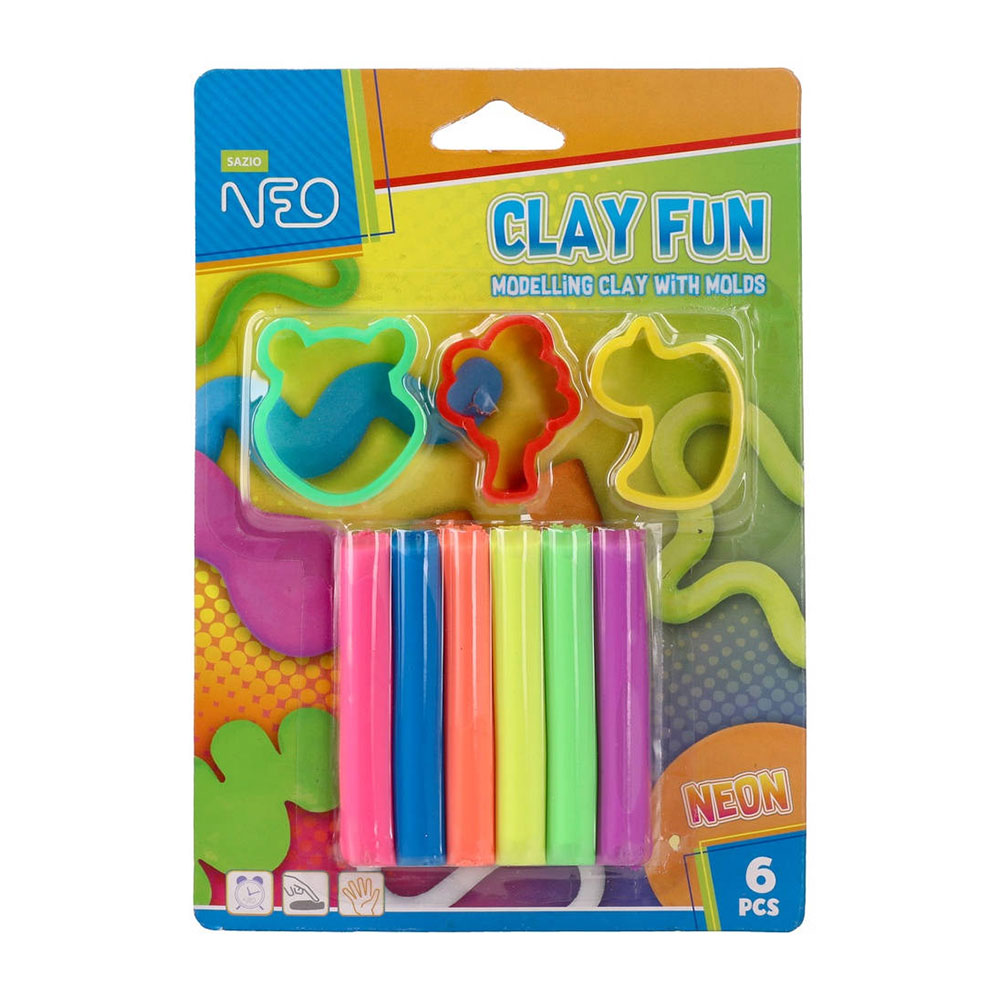 Пластилин Sazio Clay Fun, 80 g, с формички, 6 неонови цвята